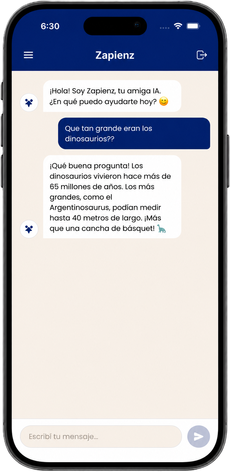 Interfaz de chat para niños en Zapienz